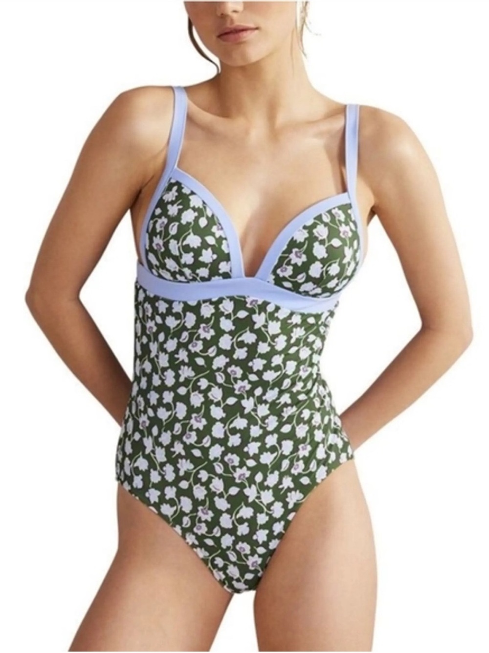 NWT • Boden Green Floral One-Piece Swimsuit with Light Blue Trim